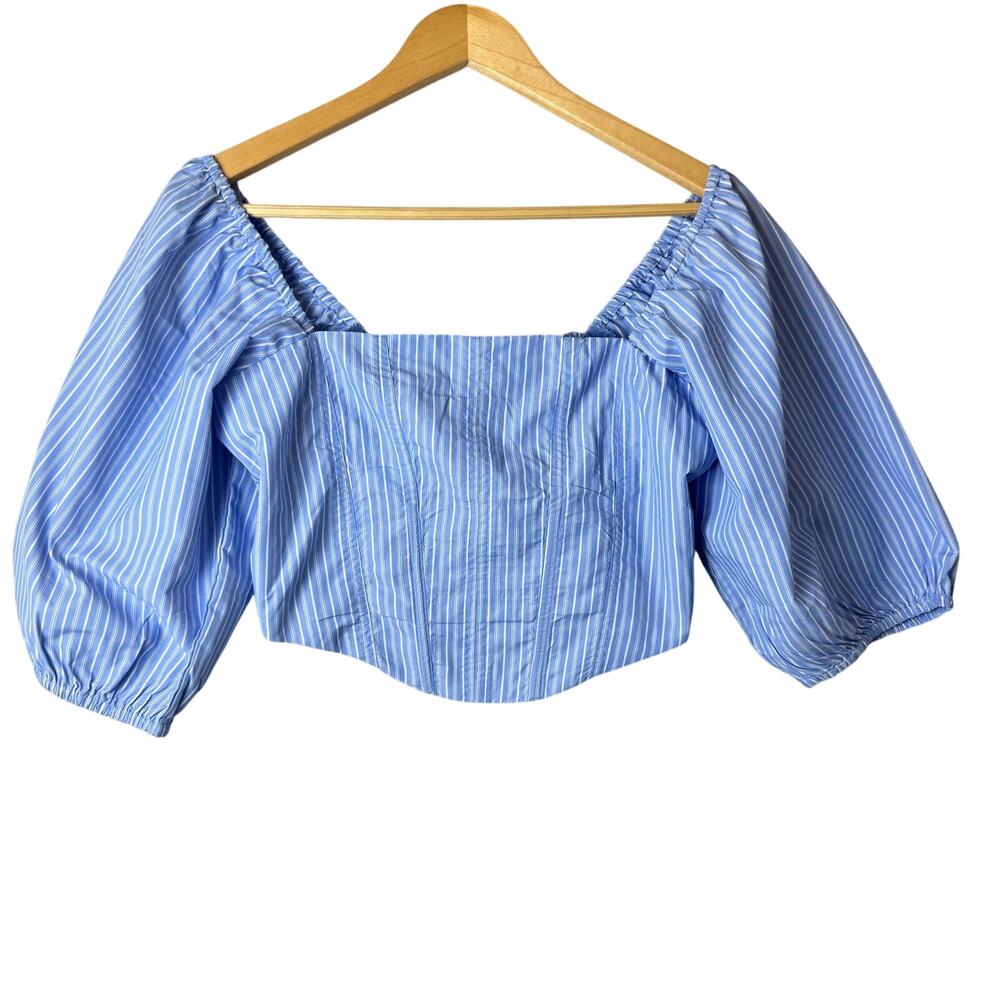 Sim & Sam Peasant Top Milkmaid Cropped Smocked Puff Sleeve Corset Striped Blue